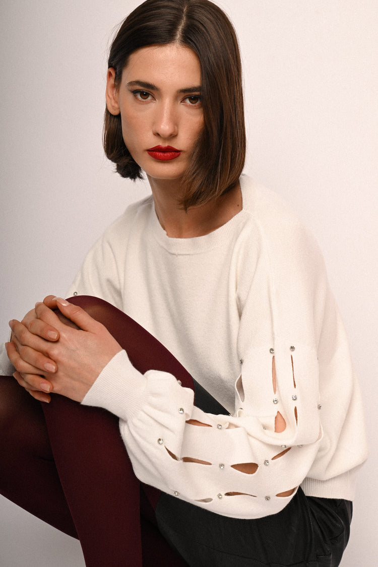 Rhinestone & cut-out sleeved sweater