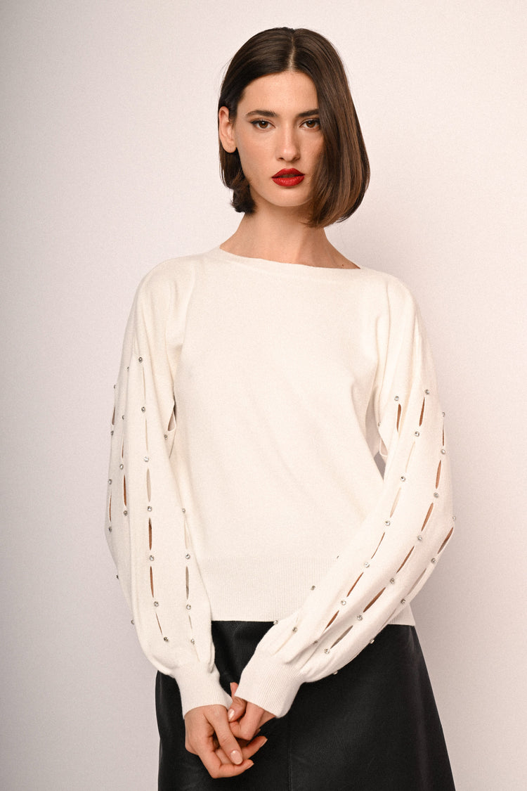 Rhinestone & cut-out sleeved sweater