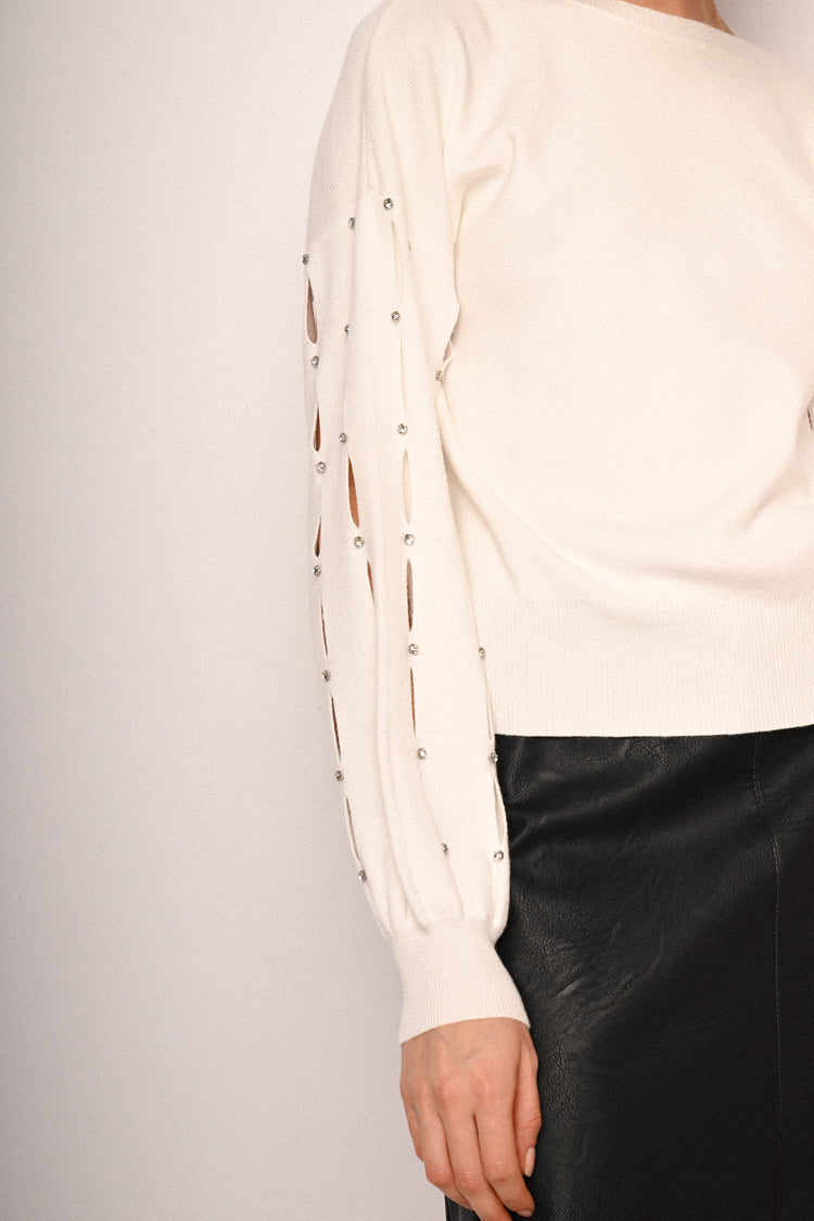 Rhinestone & cut-out sleeved sweater