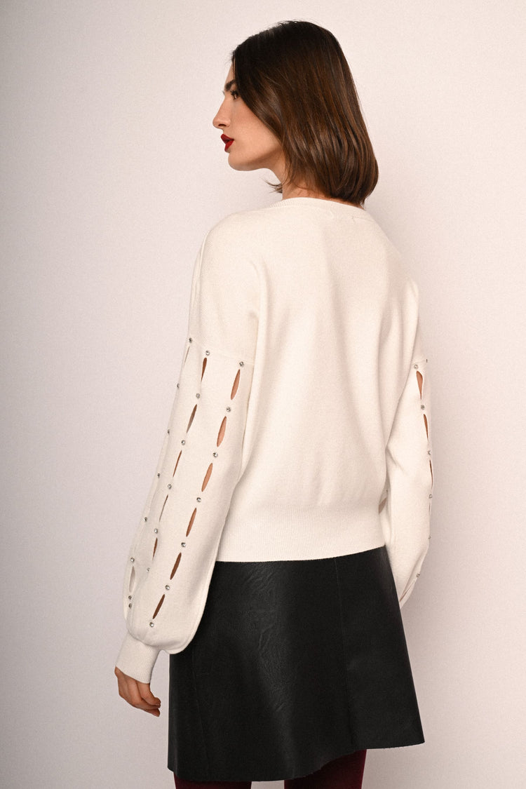 Rhinestone & cut-out sleeved sweater