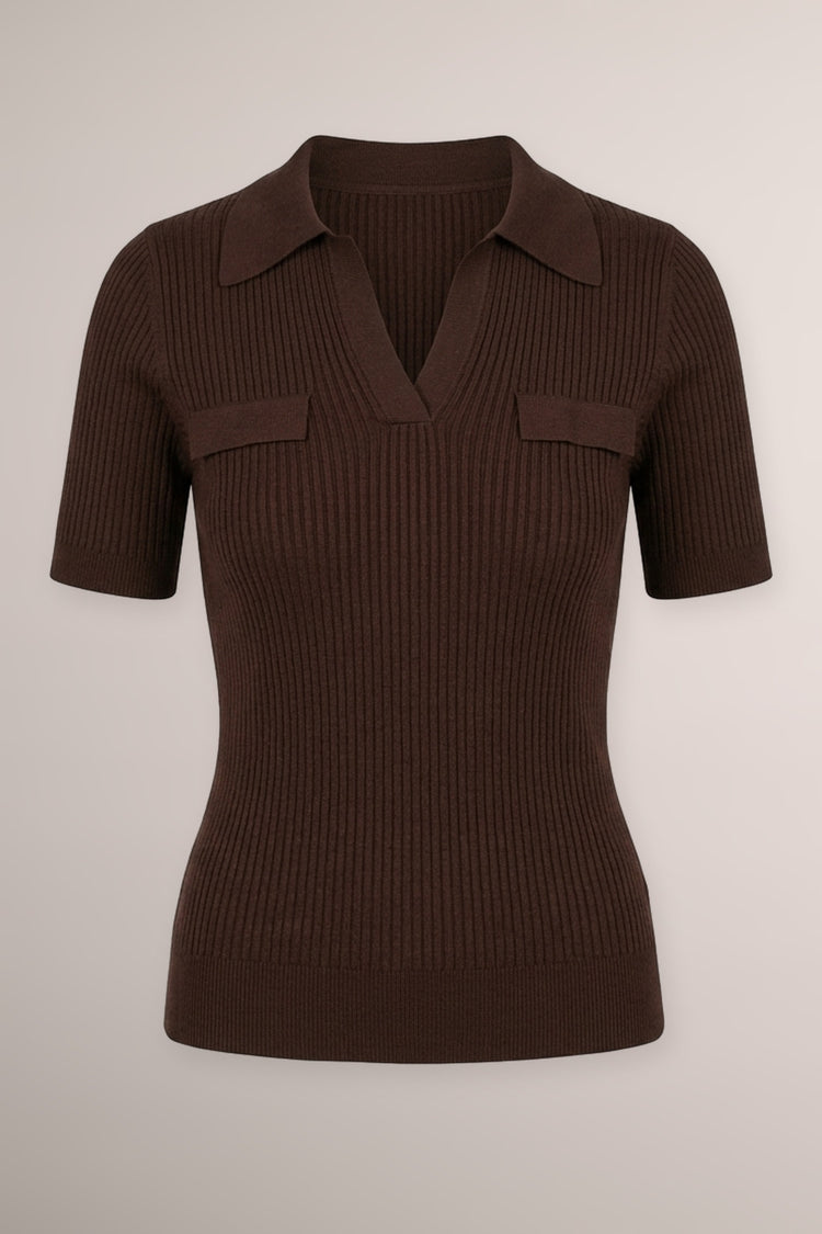 Brown ribbed short-sleeve polo sweater