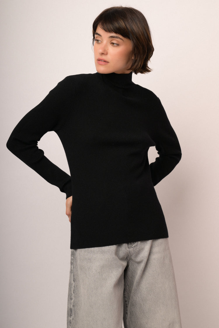 Black knit back-button mock-neck sweater