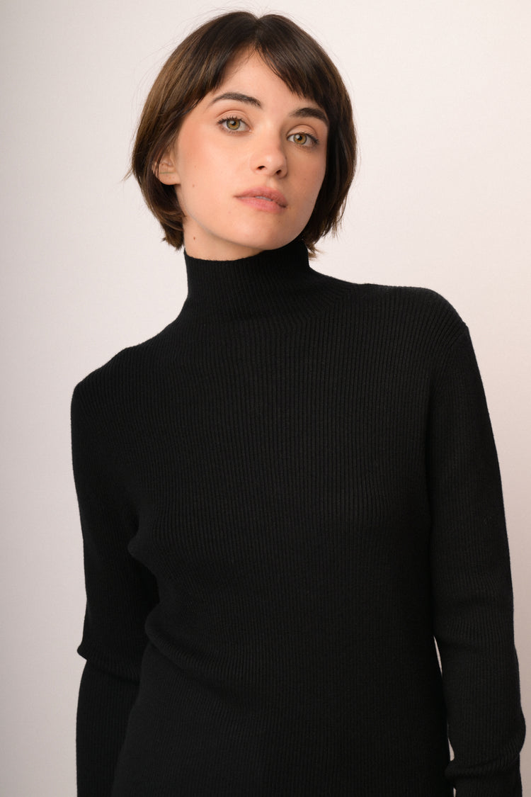 Black knit back-button mock-neck sweater