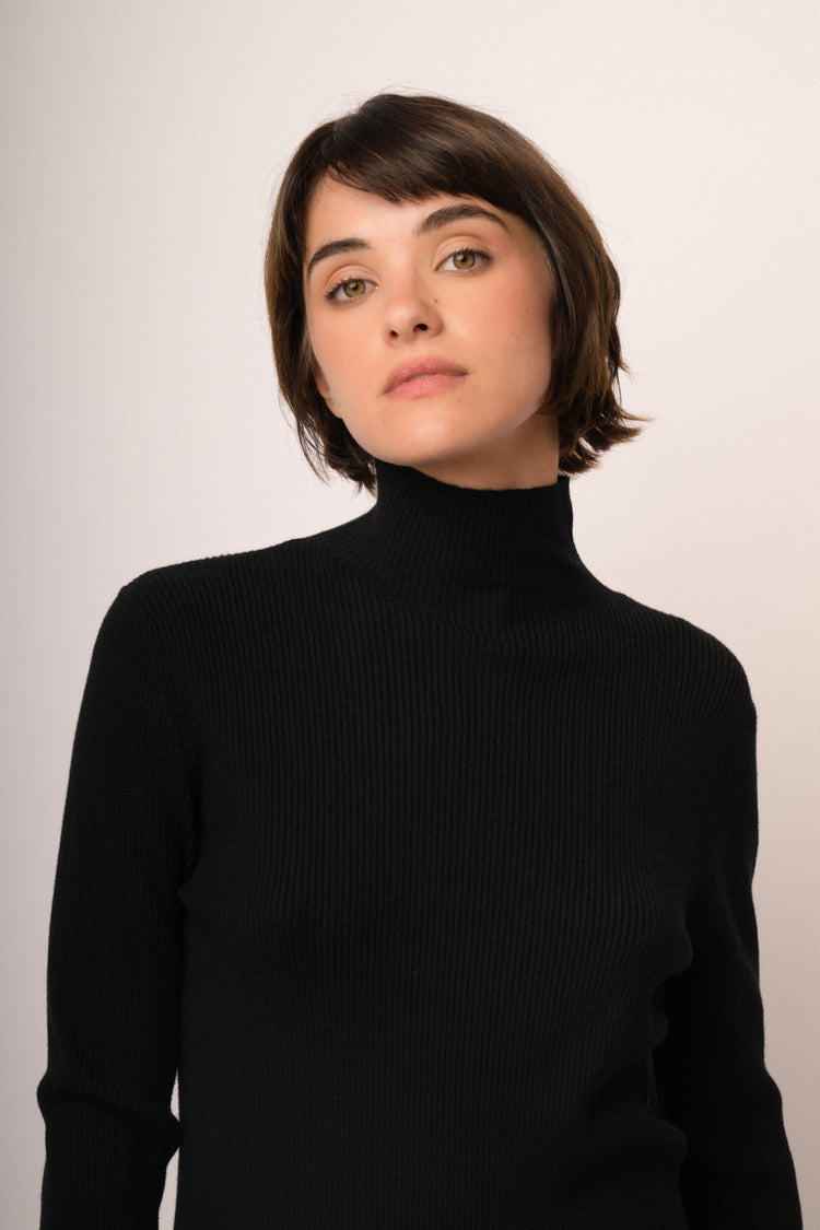 Black knit back-button mock-neck sweater