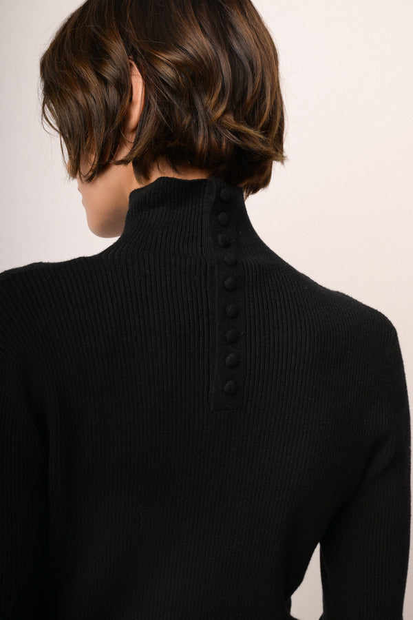 Black knit back-button mock-neck sweater