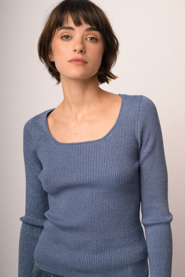 Maglia scollo con bottoni manica lurex