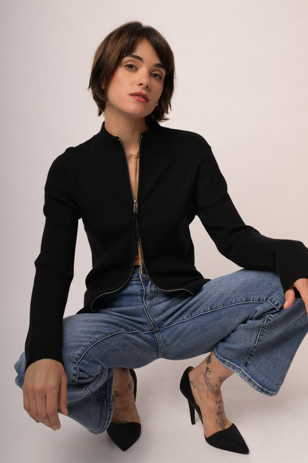 Black knit zip-up cardigan
