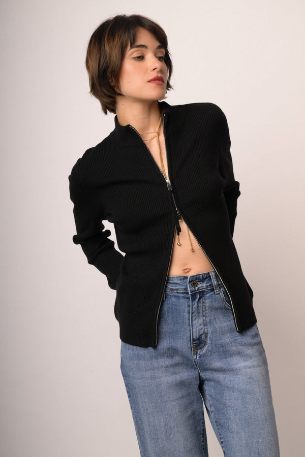 Black knit zip-up cardigan