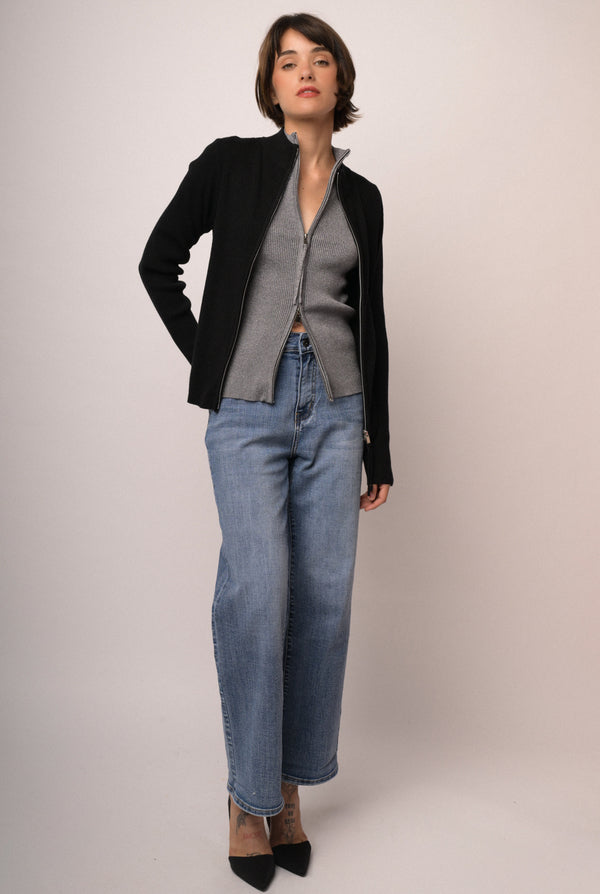 Black knit zip-up cardigan