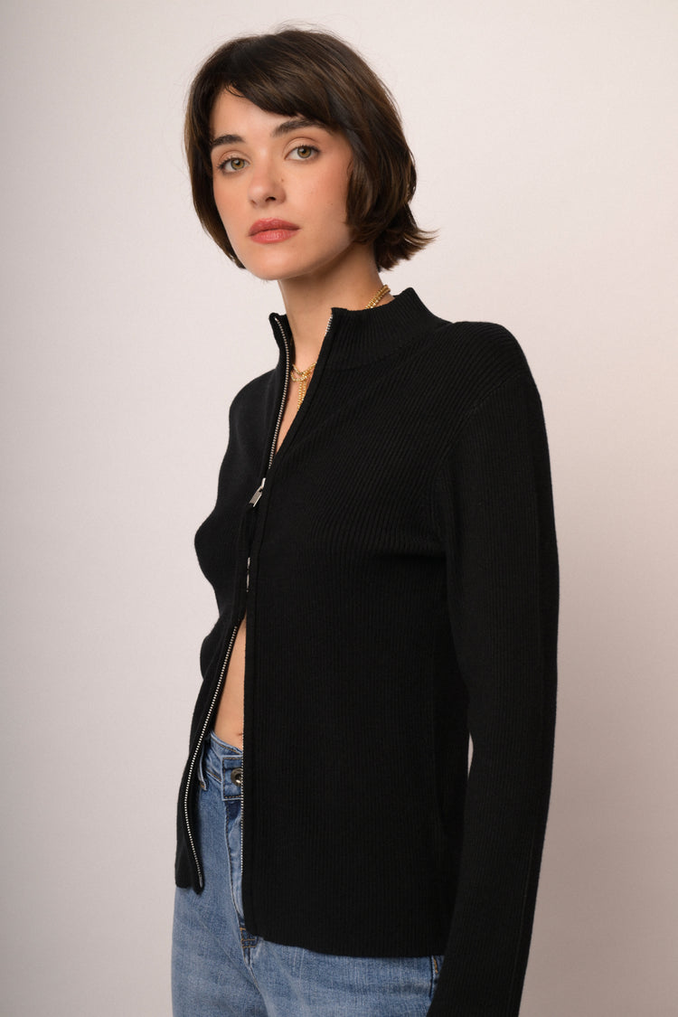 Black knit zip-up cardigan