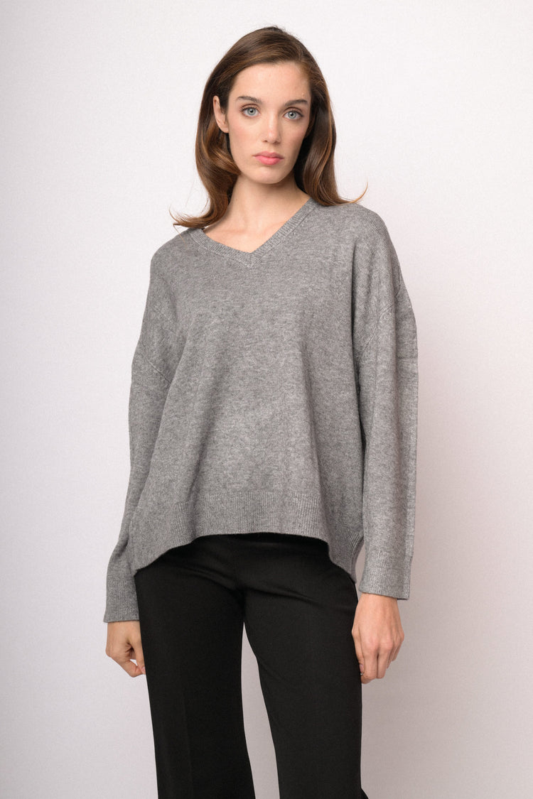 Grey oversized V-neck sweater