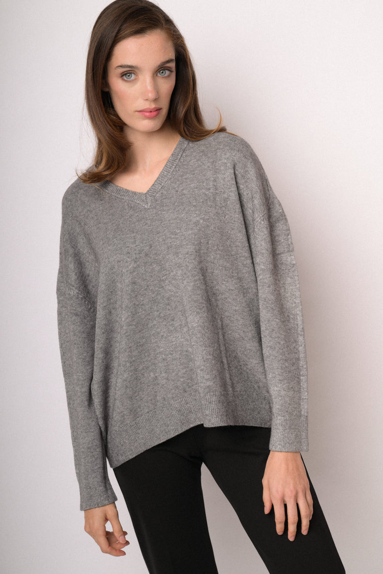 Grey oversized V-neck sweater
