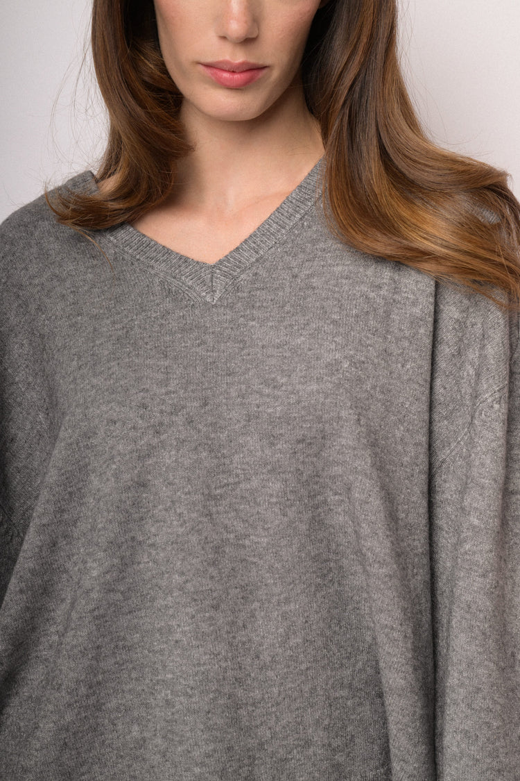 Grey oversized V-neck sweater