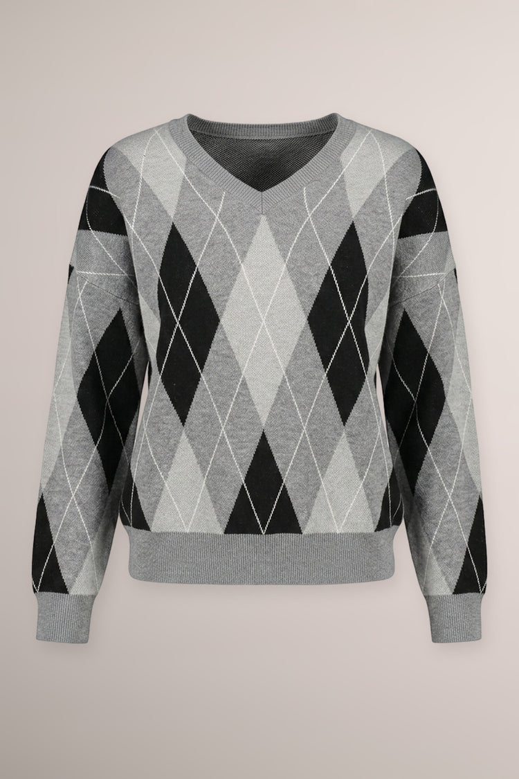 Grey/multicolor argyle knit sweater