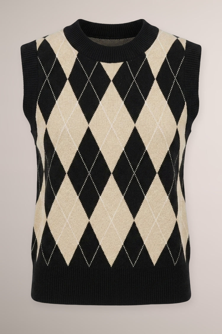 Beige/multicolor argyle lurex knit top