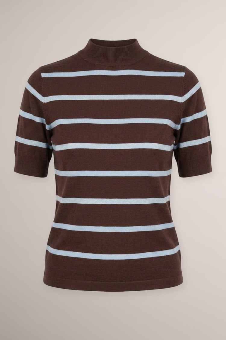 Chocolate/sky striped lurex knit mock sweater