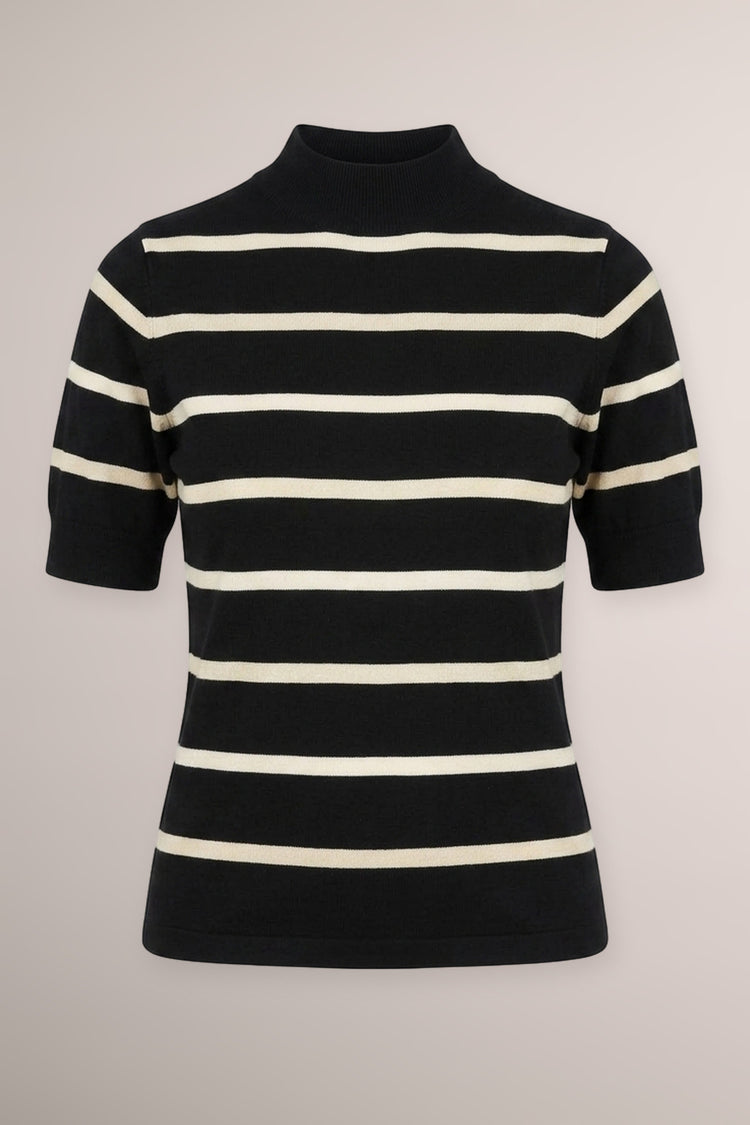 Ivory/black striped lurex knit mock sweater