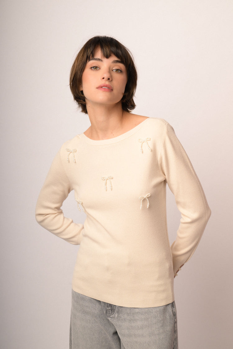 Maglia shiffer con fiocchi perline