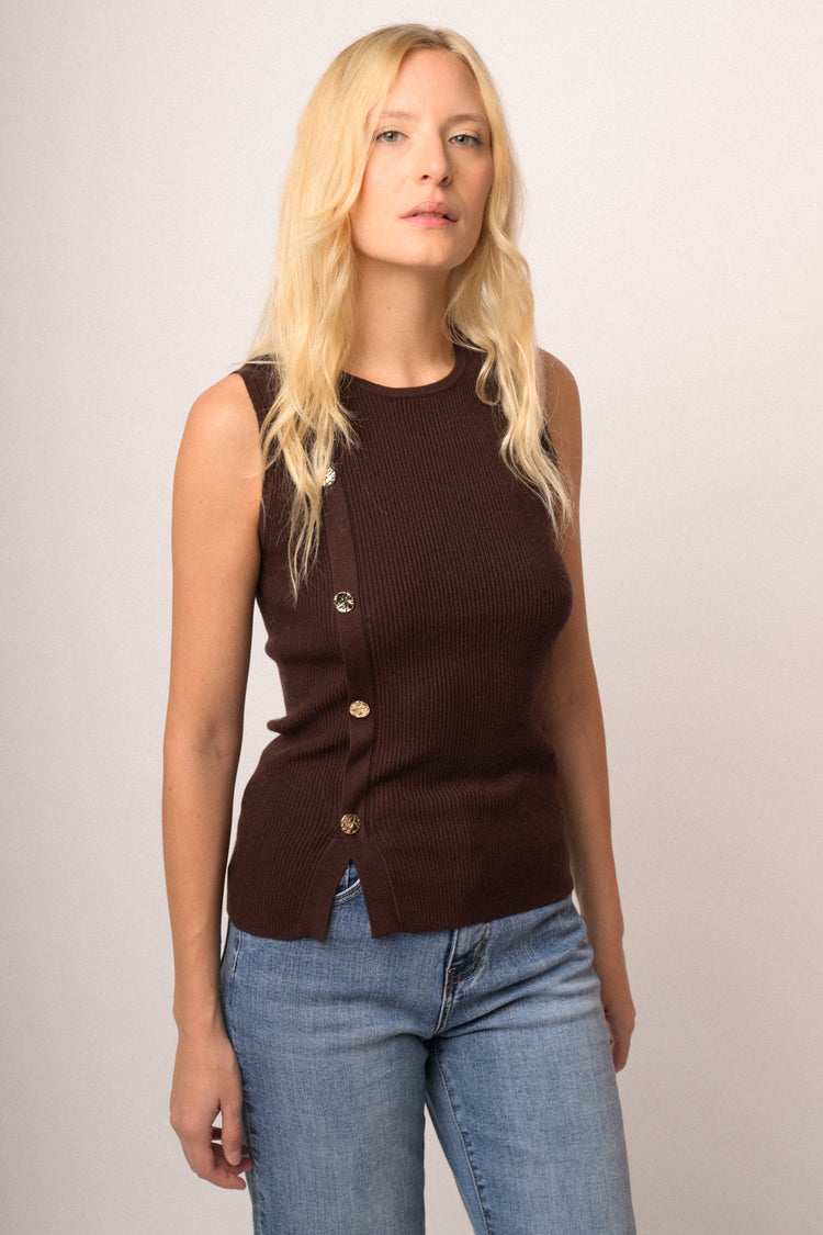 Button-detail chocolate knit sleeveless sweater
