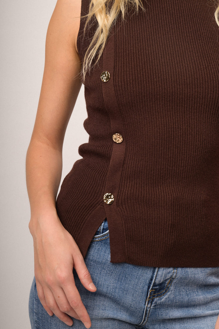 Button-detail chocolate knit sleeveless sweater