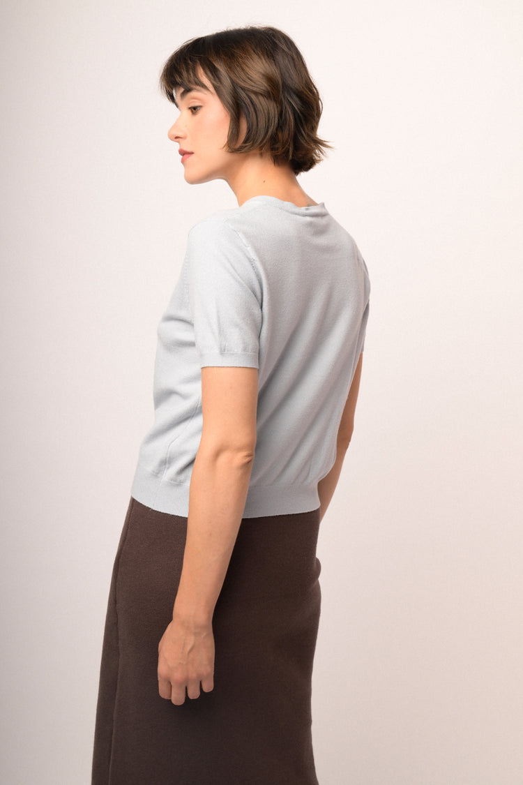 Sky-blue short-sleeved cardigan with beaded bows