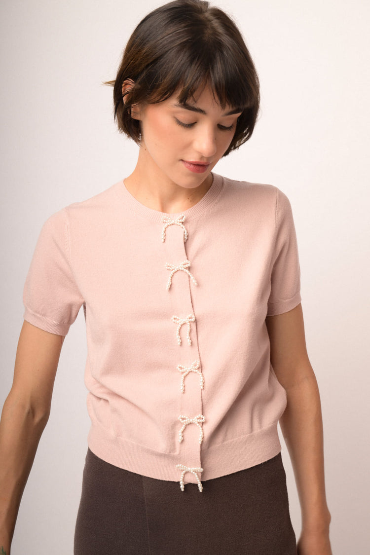 Pink short-sleeved cardigan with beaded bows