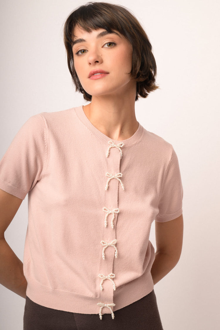 Pink short-sleeved cardigan with beaded bows