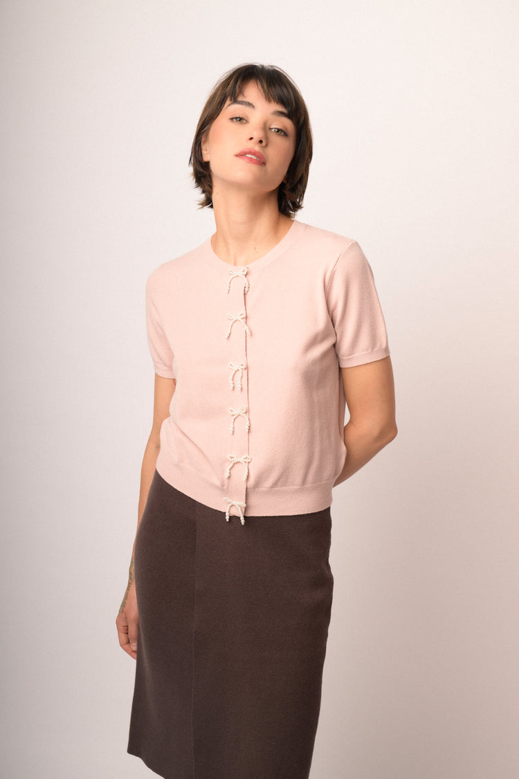 Pink short-sleeved cardigan with beaded bows