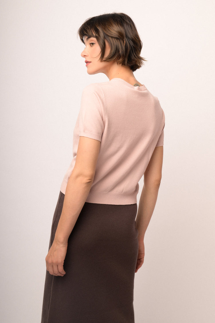 Pink short-sleeved cardigan with beaded bows
