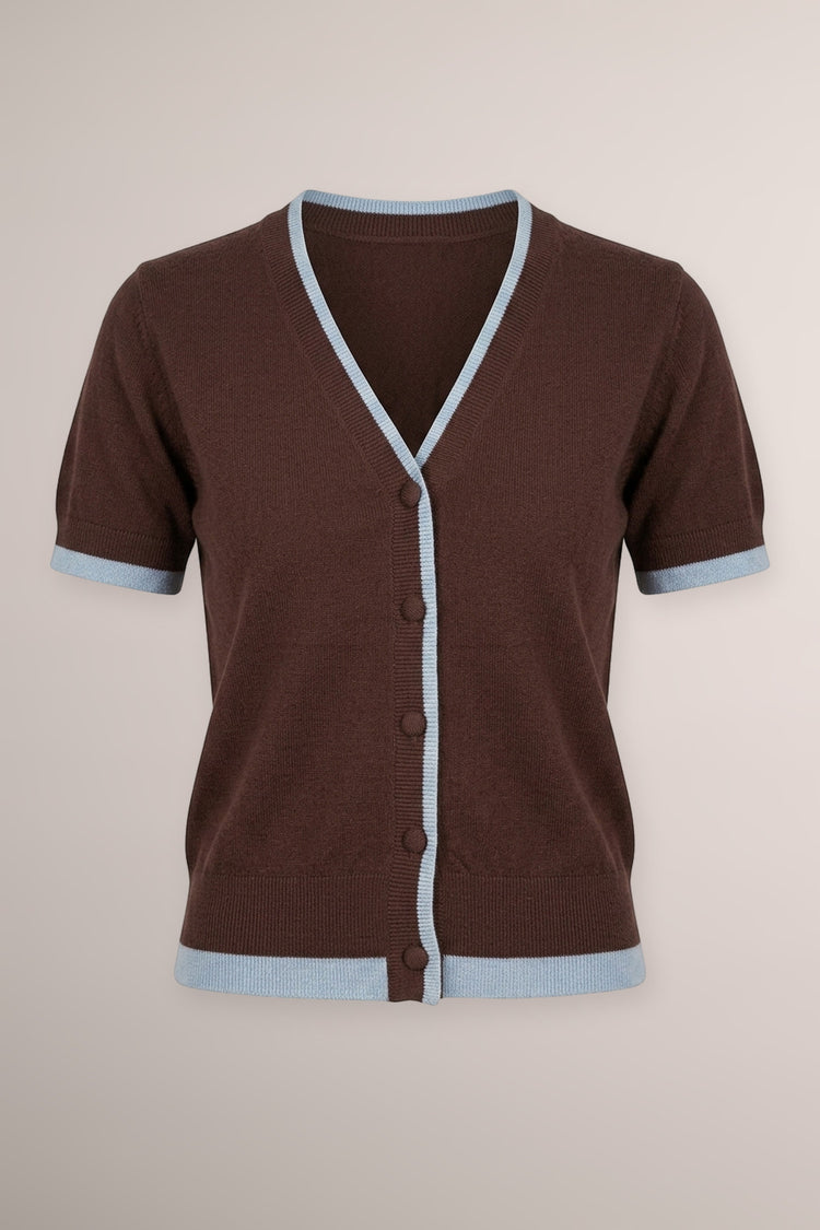 Lurex-piping chocolate knit cardigan