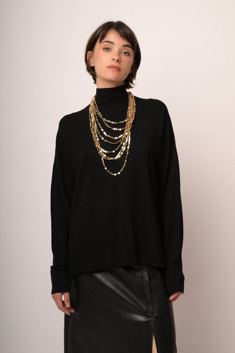 Black viscose-blend oversized mock-neck sweater