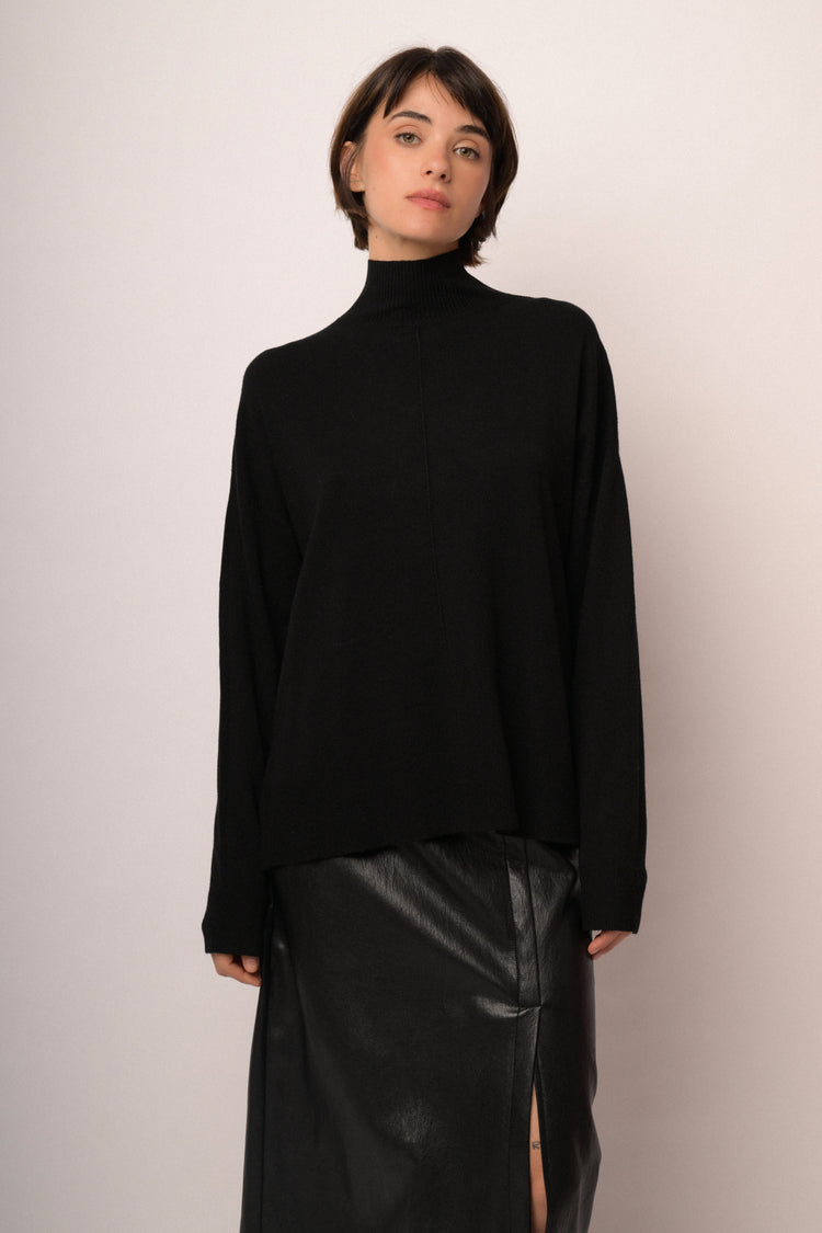 Black viscose-blend oversized mock-neck sweater