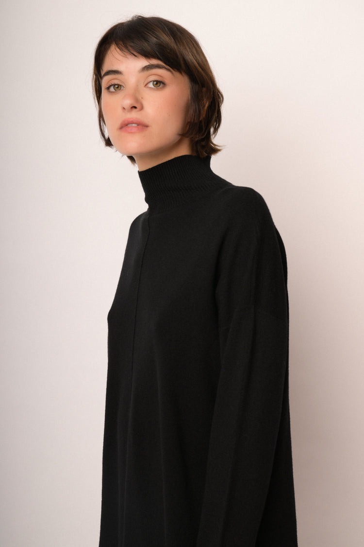 Black viscose-blend oversized mock-neck sweater