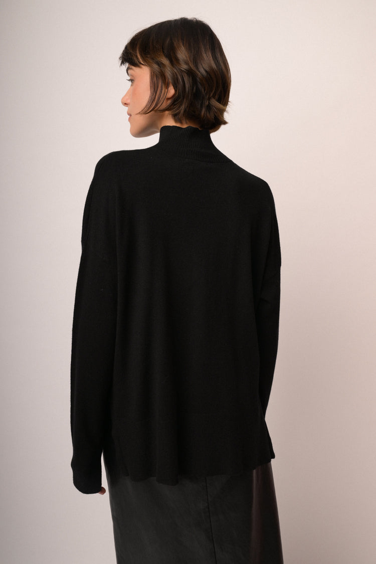 Black viscose-blend oversized mock-neck sweater