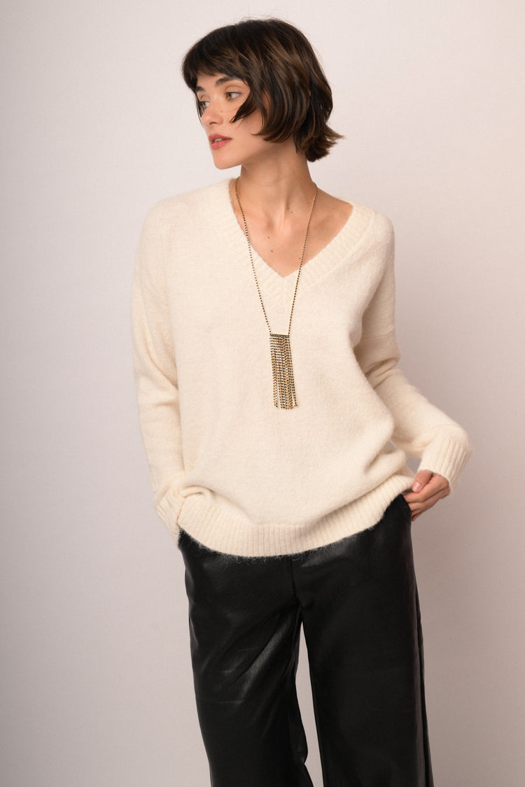 Beige oversized V-neck sweater