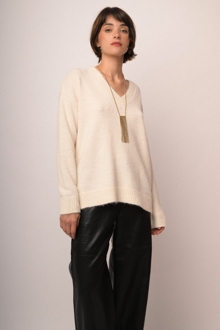 Beige oversized V-neck sweater