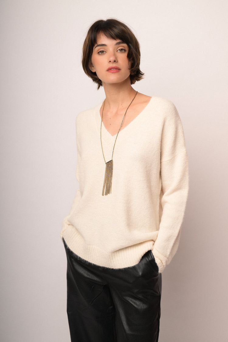 Beige oversized V-neck sweater