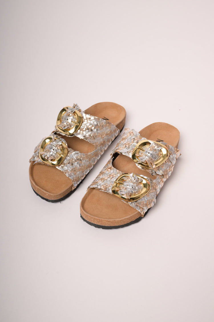 Silver woven straps slide sandals