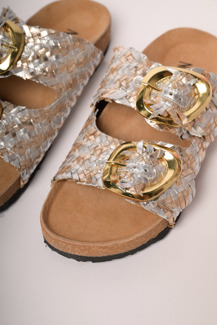 Silver woven straps slide sandals