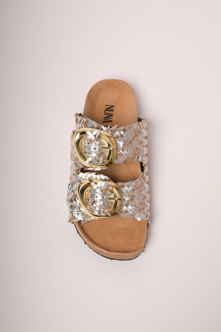 Silver woven straps slide sandals