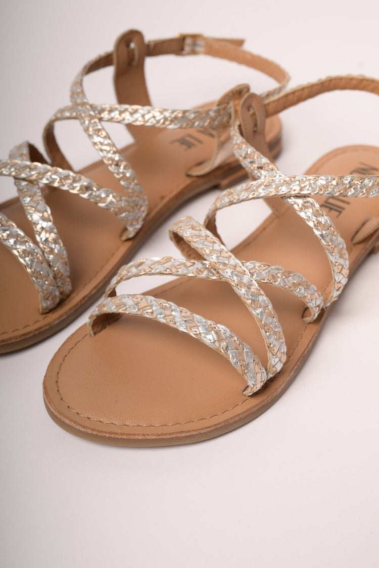 Silver woven straps flat sandals