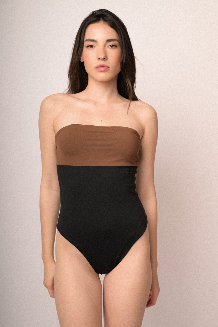 Costume intero a bustier cioccolato & nero