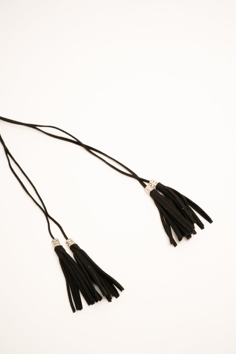 Fringed tassels and floral motif black faux suede slim belt