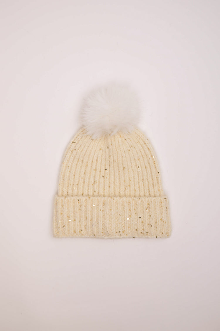Sequin and pompon hat