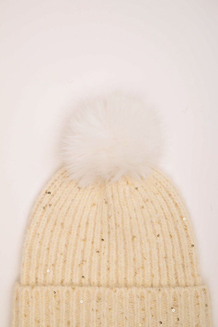 Sequin and pompon hat