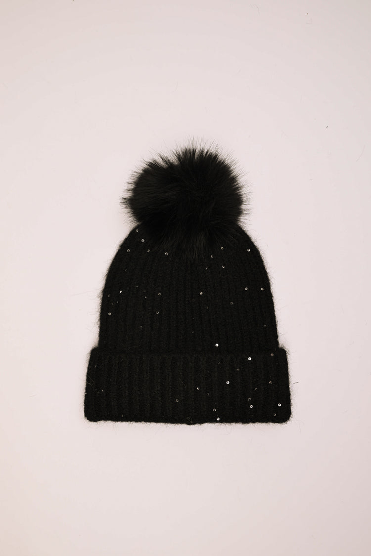 Sequin and pompon hat
