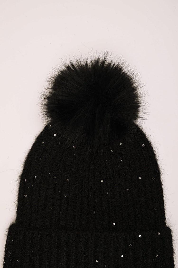 Sequin and pompon hat