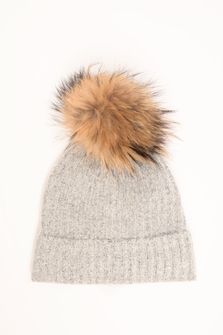 Grey rib-knit hat with pom-pom