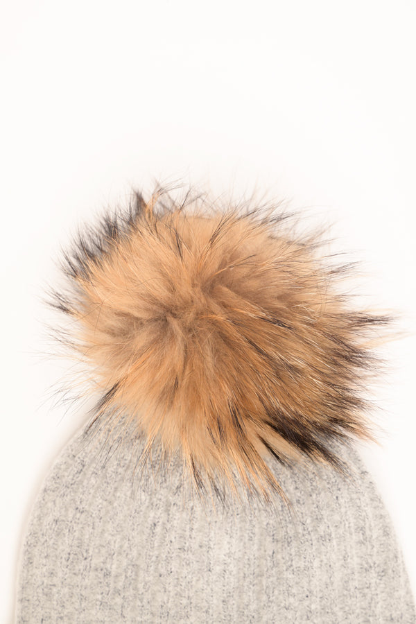 Grey rib-knit hat with pom-pom