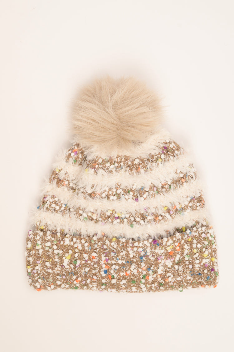 Multicolor striped sequin hat with pom-pom